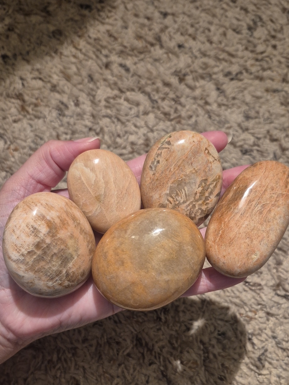 Polished Peach Moonstone Palm Stone